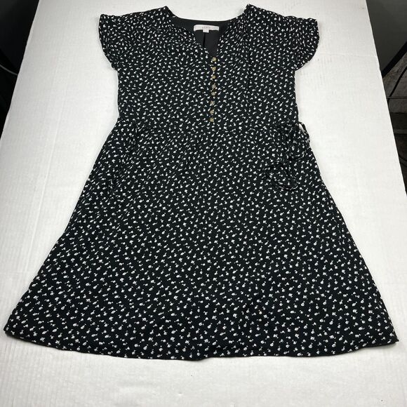 LOFT Fit and Flare Mini Dress Black White Button Casual Pullover Loose Fit XS - Picture 1 of 11